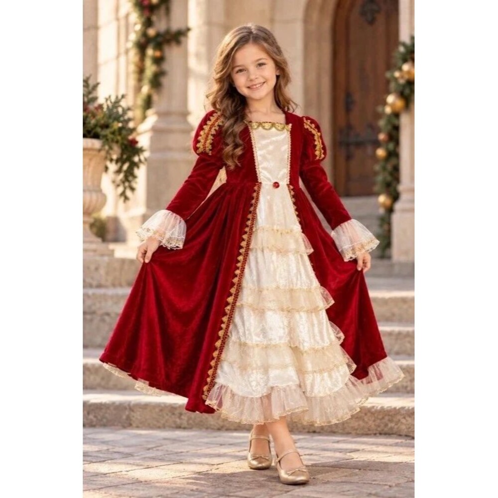Girls Renaissance Medieval Princess Costume Dress Red Gold Velvet Size 4-6